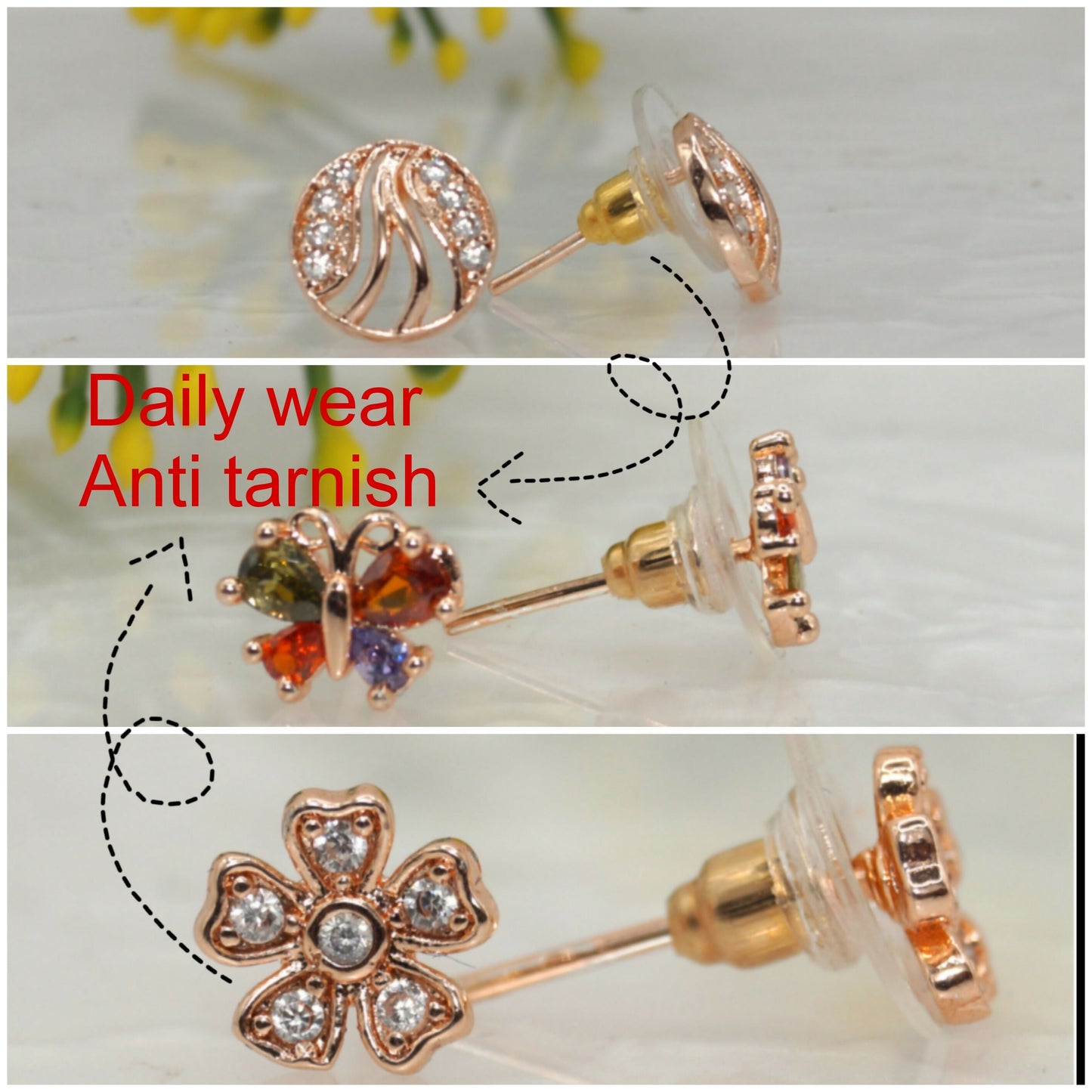 3-Pair Rose    Artificial Gold Stud Earring Set - Flower, Swirl, Butterfly for women and girls Combo Pack of 3