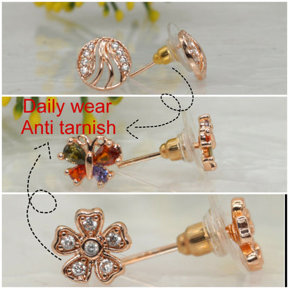 3-Pair Rose    Artificial Gold Stud Earring Set - Flower, Swirl, Butterfly for women and girls Combo Pack of 3