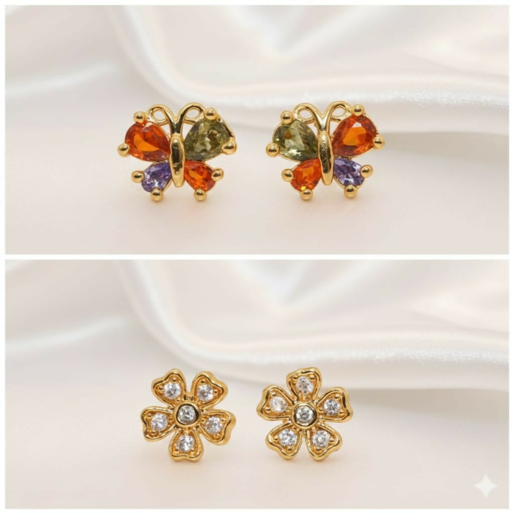 Artificial Gold-Plated AD Flower & Colorful Butterfly Stud Earrings Set for women & girls Combo Pack of 2