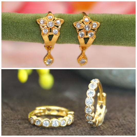 Gold Plated Flower AD Drop Huggie Earrings kan ki bali for women and girls combo pack of 2