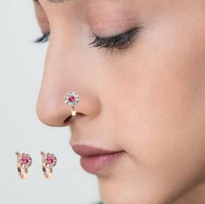 Rose    Artificial Gold Pink Stone Floral Press-On Nose Ring Combo Pack of 2
