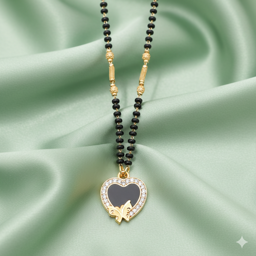 Artificial Gold-Plated AD Black Enamel Heart & Butterfly Mangal sutra For women