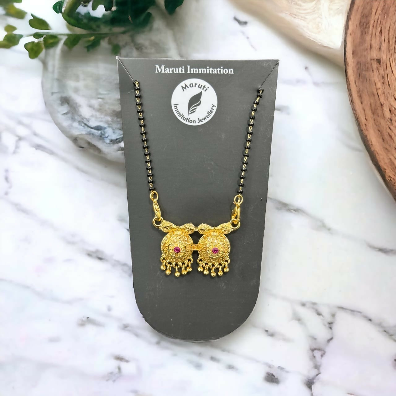 Traditional Dual Pendant   Artificial Gold-Tone Mangalsutra with Pink Stone Accents