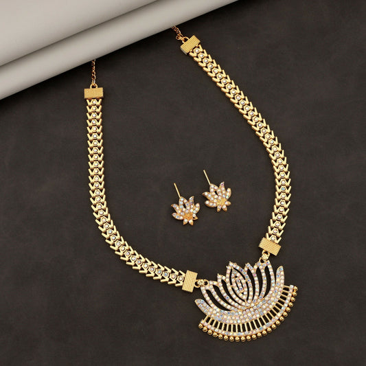 Grand   Artificial Gold-Toned American Diamond Lotus Necklace Set