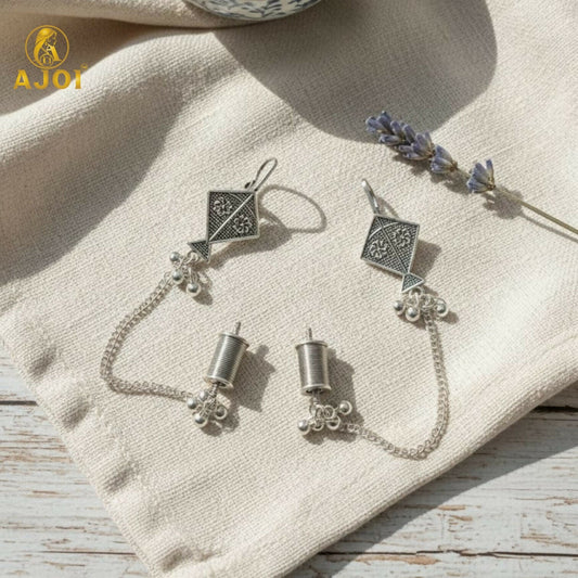 Ethnic Oxidised Silver Kite Design Earrings with Chain & Ghungroo for Women and Girls