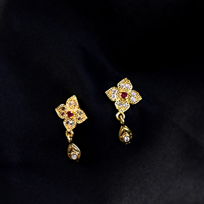 Floral Inspired Gold Earrings with Pink Stone & Hanging Drop