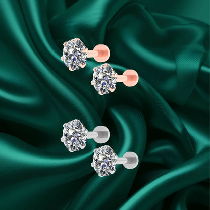 Silver Plated Round AD Solitaire Flat Back Stud Earrings Combo Pack of 2