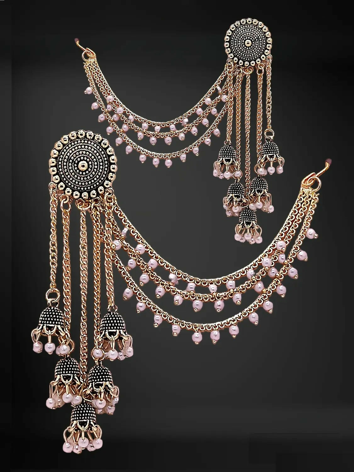 Traditional    Artificial Gold Tone Jhumka Earrings with Pearl Drops and Elegant Layered Chain Design for Women