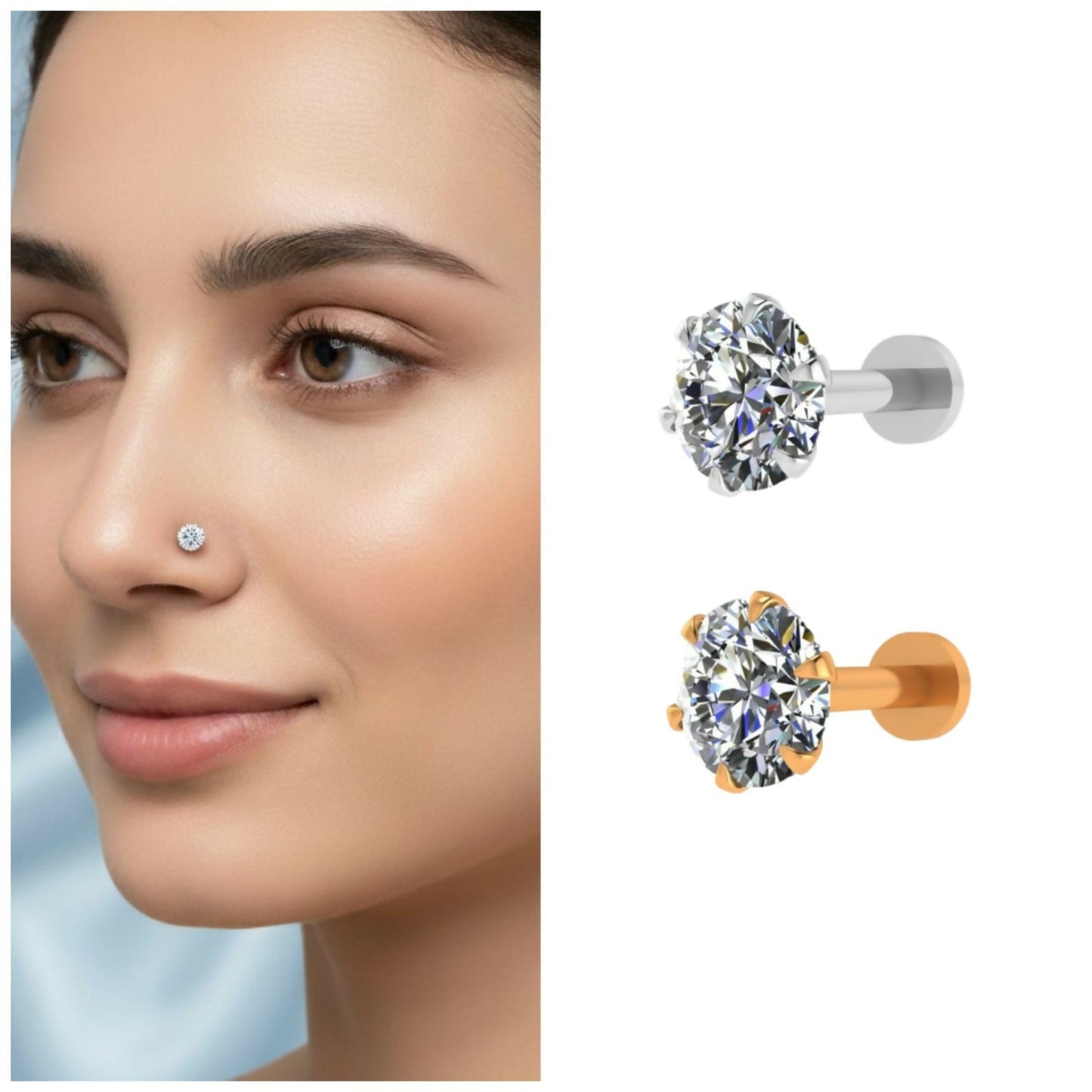 Artificial Gold and silver plated Nosepin Stud Labret Piercing for women and girls Combo Pack of 2
