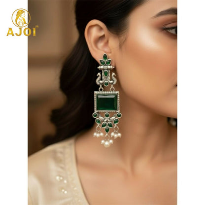 Royal Green Kundan & Pearl Antique Silver Earrings Women And Girls.