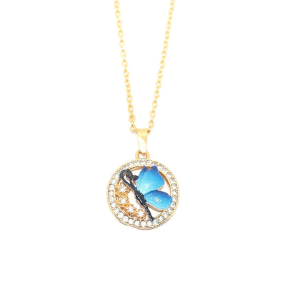 Artificial Gold Plated Blue Enamel Butterfly Circle Pendant Necklace For women and girls