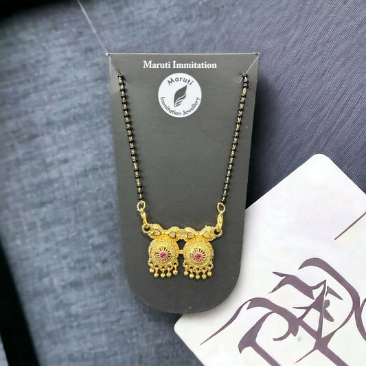 Elegant  Artificial Gold-Tone Mangalsutra with Dual Pendant & Pink Stone Detailing