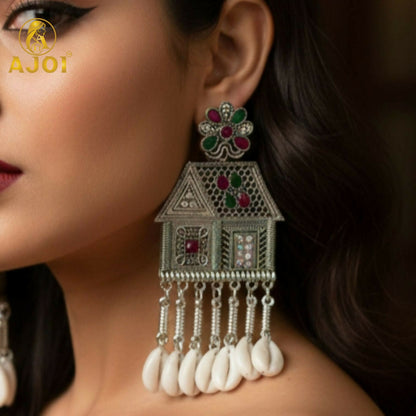 Oxidized Silver House-Shaped Earrings with Multicolor Stones & Shell Danglers