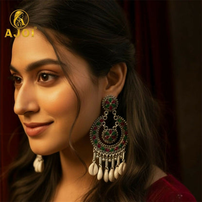 Classic Antique Silver Chandbali with Floral Enamel Work & Cowrie Shell Dangles | Traditional Wedding Statement Earrings.