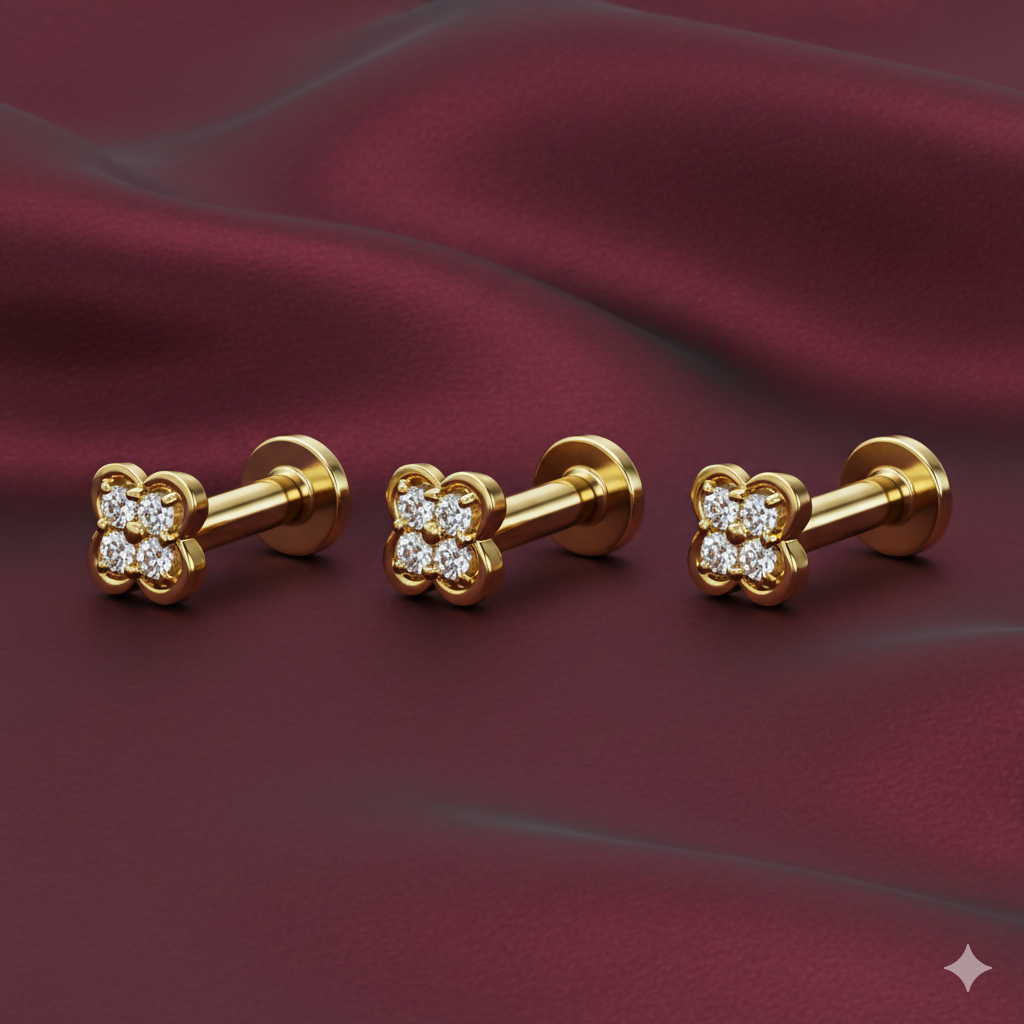 Artificial Gold Plated Clover AD Nosepin Stud Piercing for women and girls Combo Pack of 3