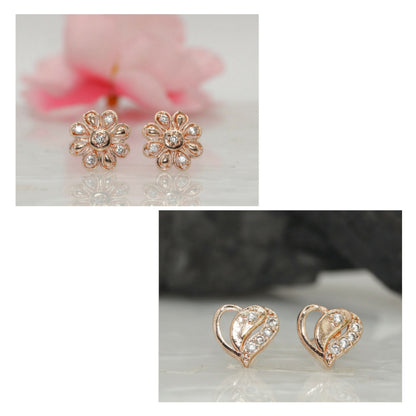Rose    Artificial Gold AD Stud Earrings - Flower & Heart Shape Daily Wear for women and girls Combo Pack of 2