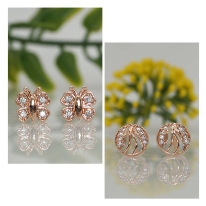 Rose    Artificial Gold Plated AD Stud Earrings Set (Butterfly & Round) for women and girls Combo Pack of 2