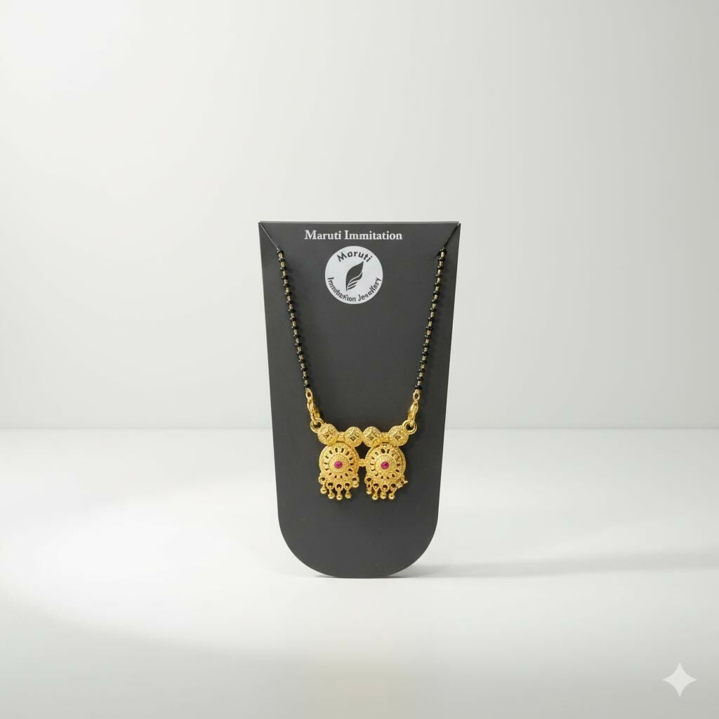 Traditional  Artificial Gold-Tone Dual Pendant Mangalsutra – Elegant Black Bead Chain