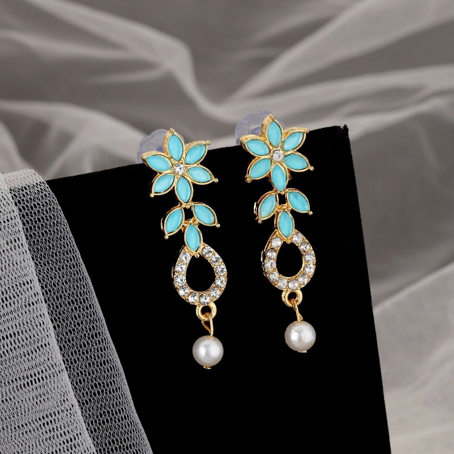 Artificial Gold-Plated Turquoise & Diamond-Look Floral Link Necklace Set