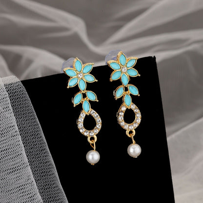 Artificial Gold-Plated Turquoise & Diamond-Look Floral Link Necklace Set