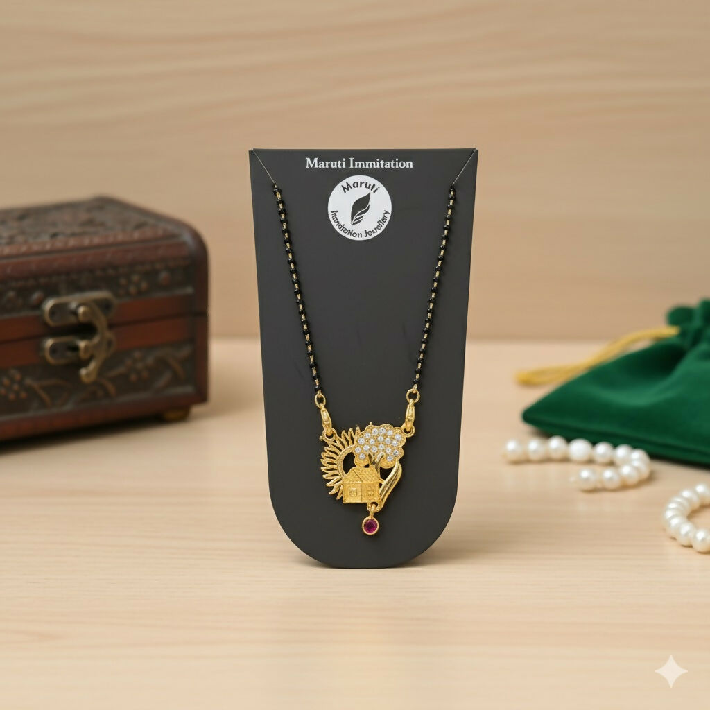 Artificial Gold-Tone Traditional Mangalsutra with Peacock-Inspired Stone Pendant