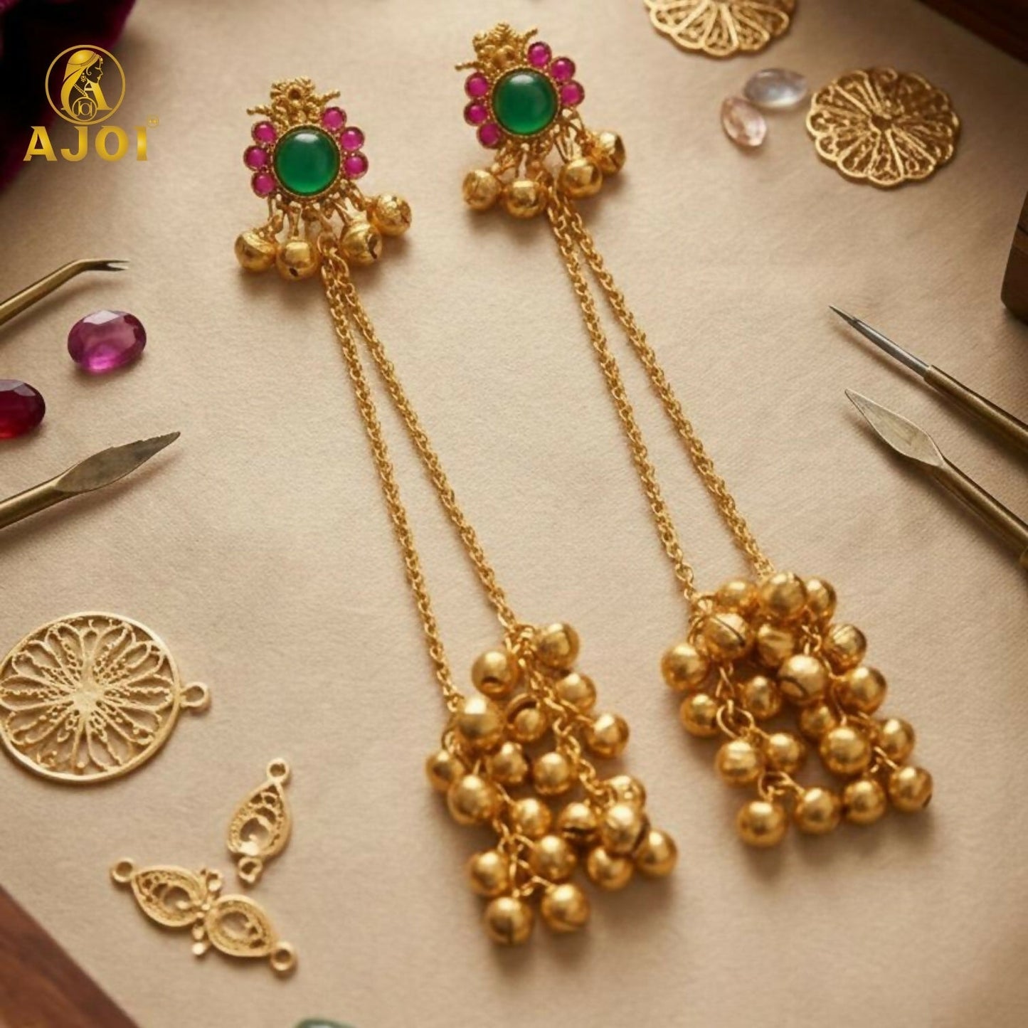 Imperial Kashmiri-Inspired   Artificial Gold-Plated Ear Cuff Chain Earrings