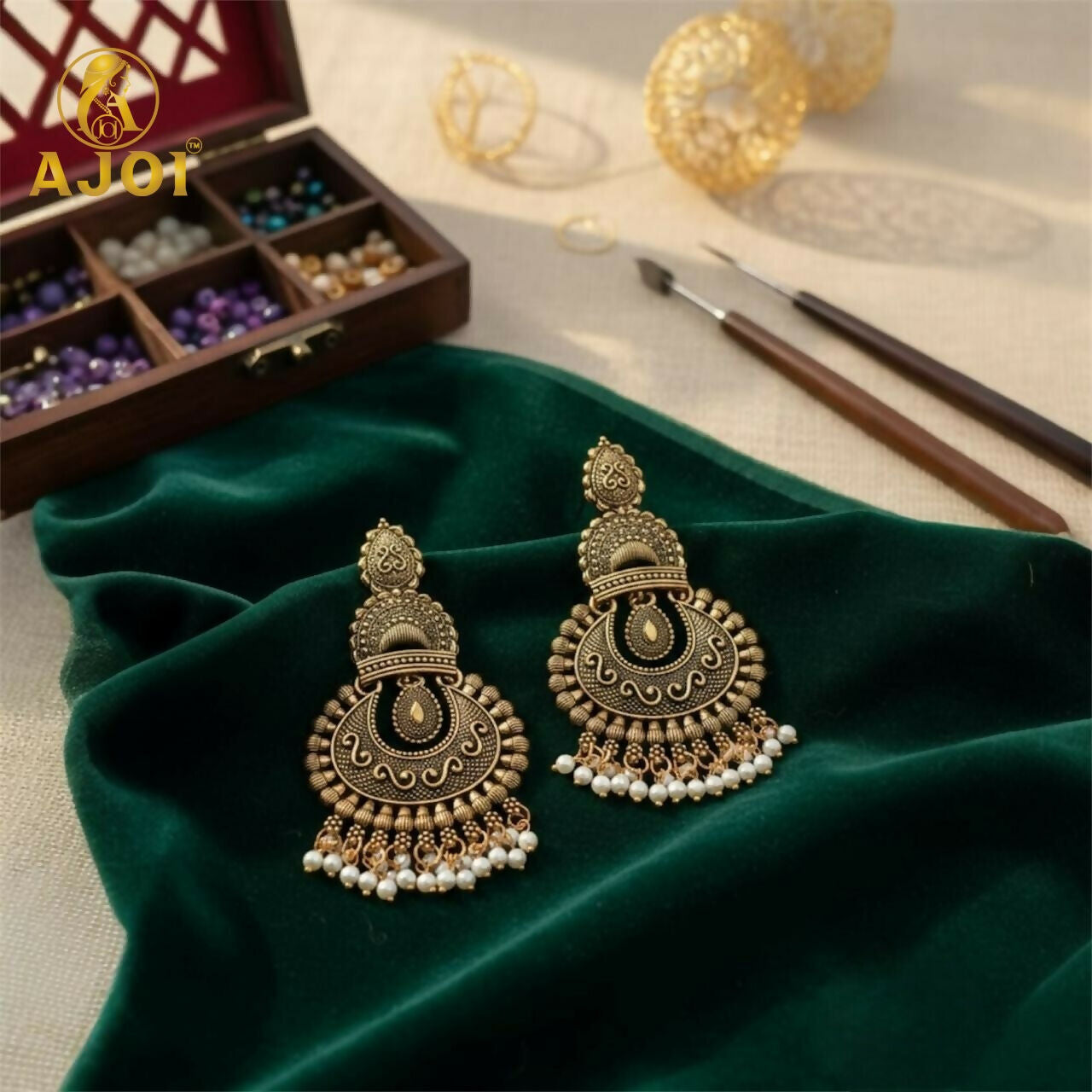 Antique    Artificial Gold Finish Earrings with Pearl Drops | Traditional Ethnic Jewellery for Women