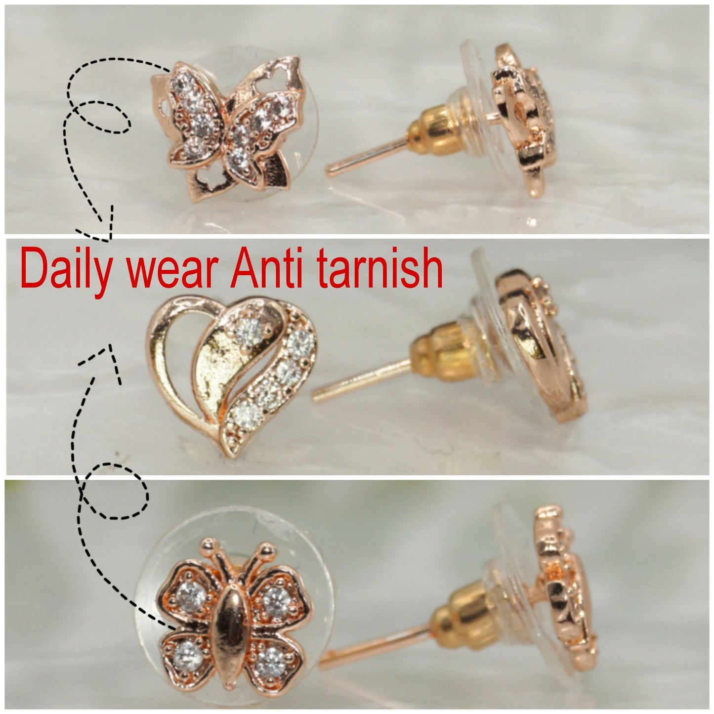 Rose    Artificial Gold Plated AD Butterfly & Heart Stud Earrings Set for women and girls Combo Pack of 3