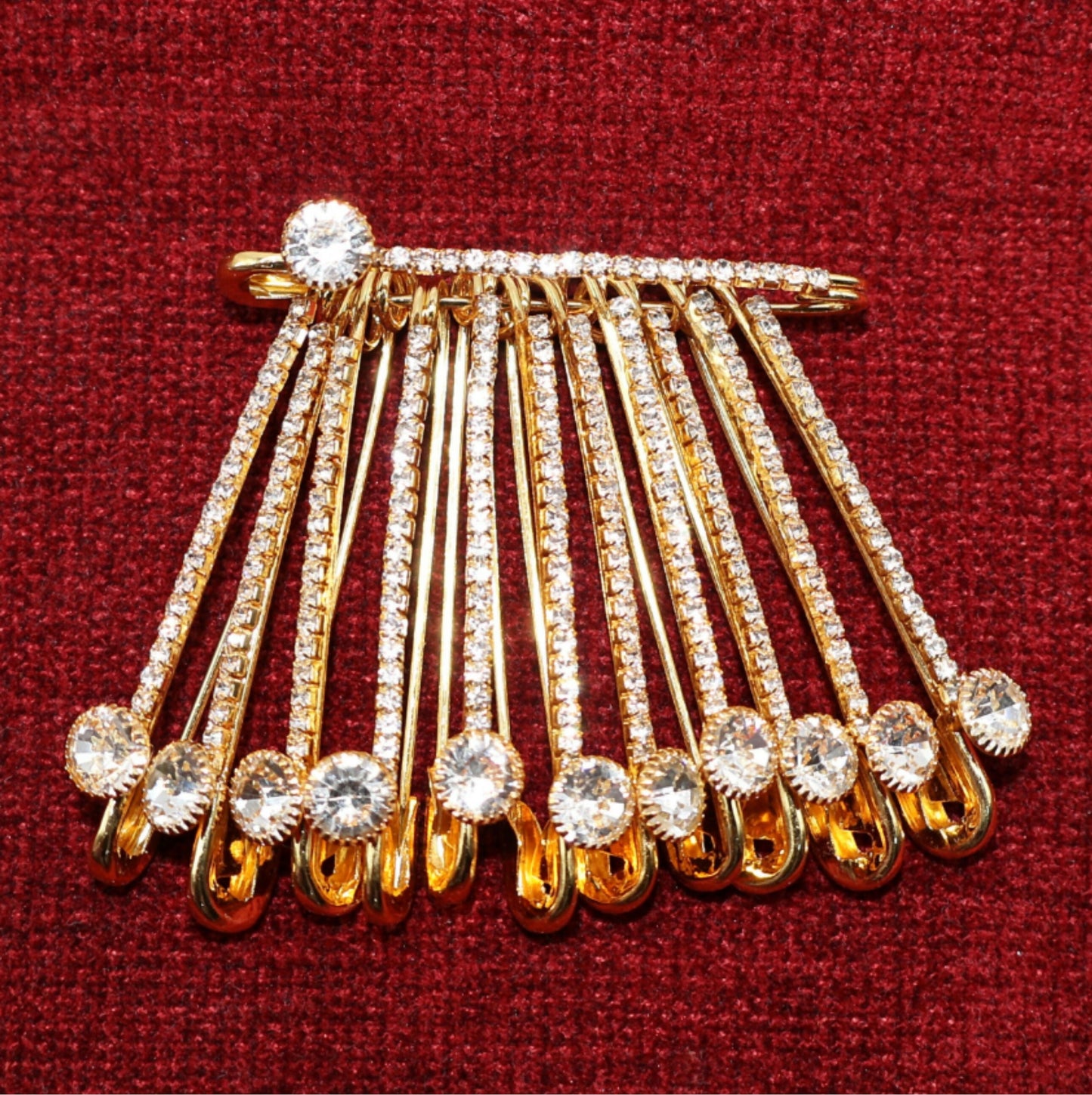 Artificial Gold Plated Rhinestone Dangle Saree Pin Brooch - Crystal Accent Clip