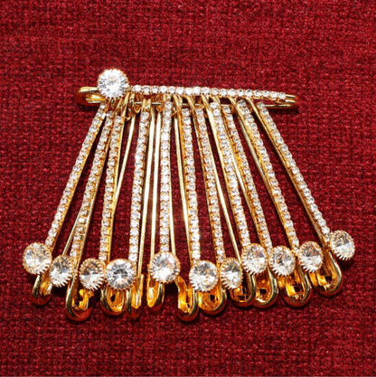 Artificial Gold Plated Rhinestone Dangle Saree Pin Brooch - Crystal Accent Clip