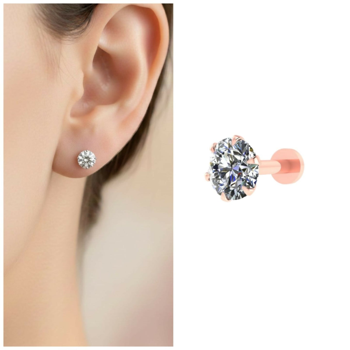 Rose Plated AD Solitaire Flat Back Stud Earrings