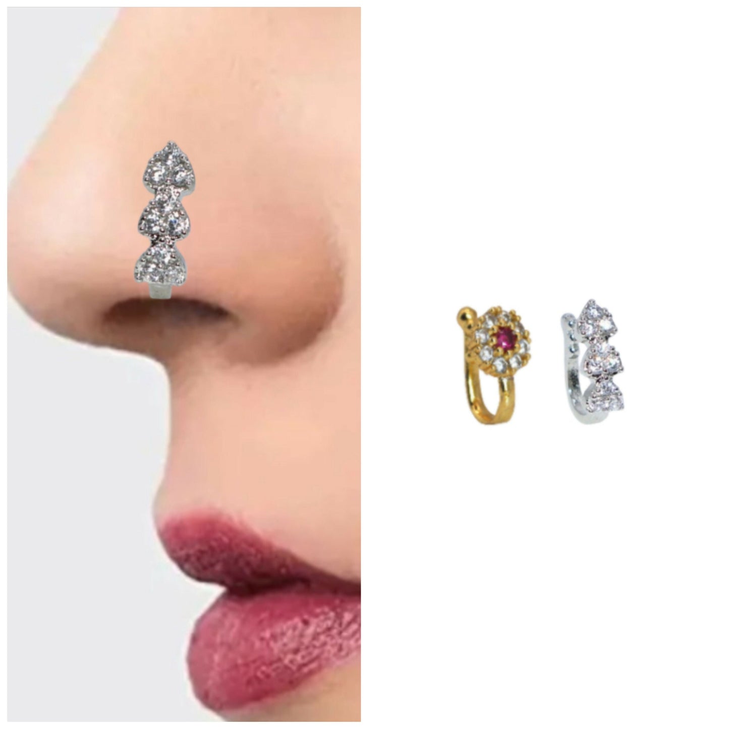 Silver &    Artificial Gold Plated Non-Pierced Designer Nosepin Combo Pack of 2