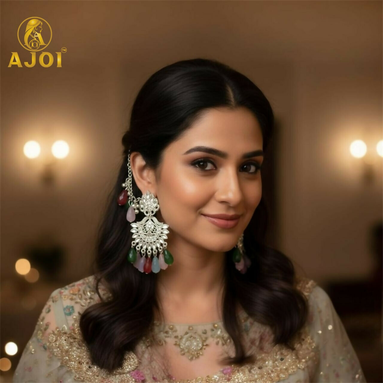 Royal Silver-Plated Kansar Earrings with Vibrant Beads, Detailed Floral Patterns.