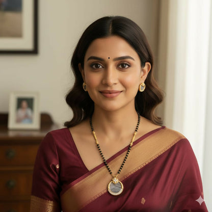 Artificial Gold Plated AD Circular Stud Earrings and mangalsutra with Grey Stone for women