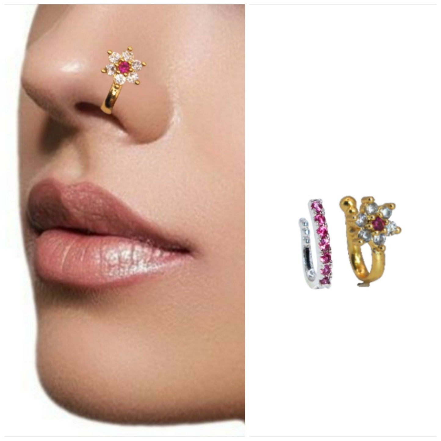 Floral Ruby AD    Artificial Gold Nosring for women and girls Combo Pack of 2