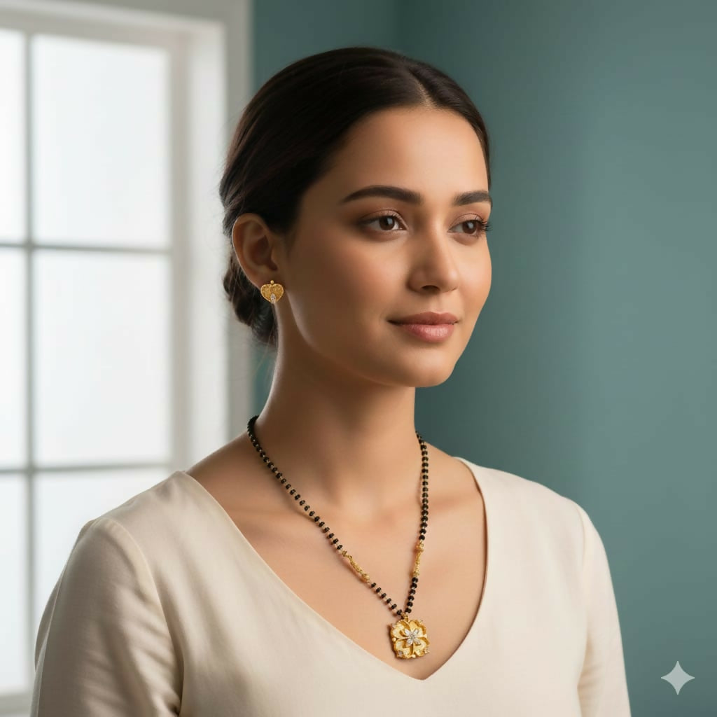 Artificial Gold Plated AD Heart Stud Earrings & Floral Mangalsutra Set for women