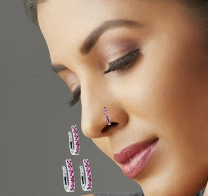 Rose    Artificial Gold Pink CZ Floral Non-Pierced Clip-On Nose Ring/Pin Combo Pack of 3