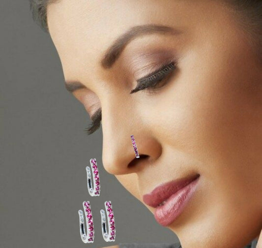 Rose    Artificial Gold Pink CZ Floral Non-Pierced Clip-On Nose Ring/Pin Combo Pack of 3