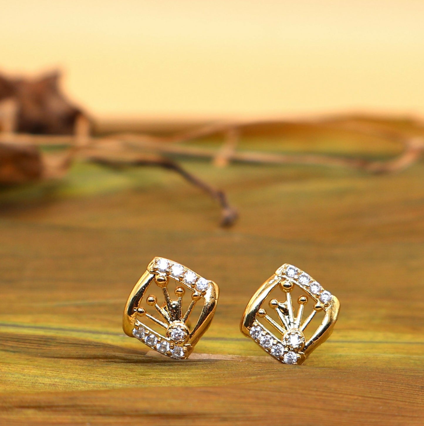 Artificial Gold Diamond Cage Stud Earring Setting - Square Solitaire Mount for women & girls