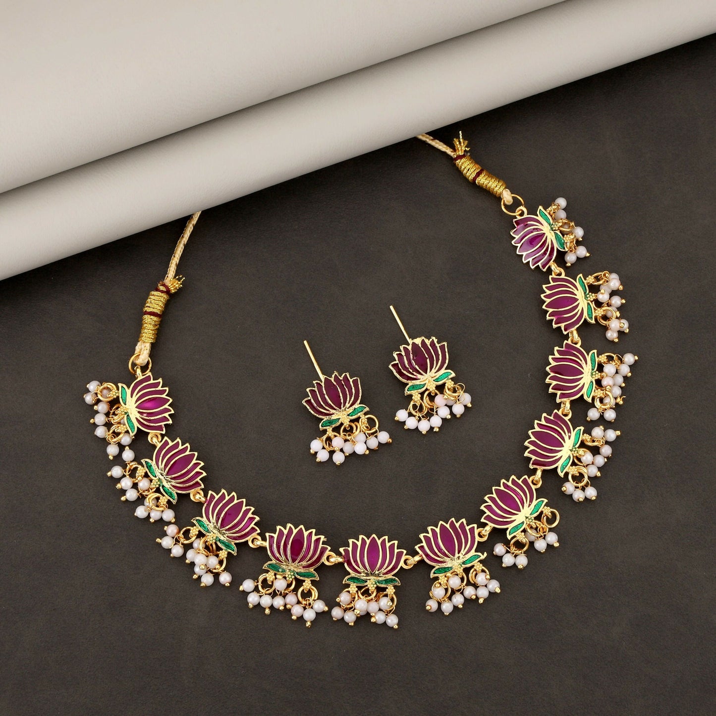 Elegant   Artificial Gold-Toned Pearl & American Diamond Cluster Choker Set