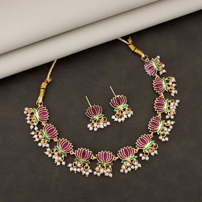 Elegant   Artificial Gold-Toned Pearl & American Diamond Cluster Choker Set