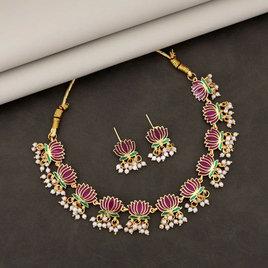 Elegant   Artificial Gold-Toned Pearl & American Diamond Cluster Choker Set