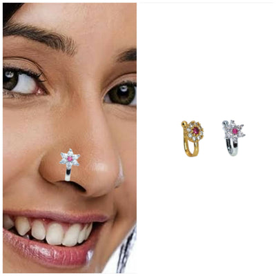 2 Pcs Non-Piercing CZ Nose Clip Set - Flower &    Artificial Gold Pave Hoop Combo Pack of 2
