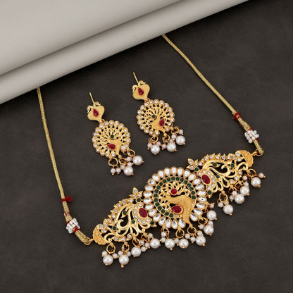 Traditional   Artificial Gold-Plated Kundan & Pearl Choker Necklace with Matching Earrings