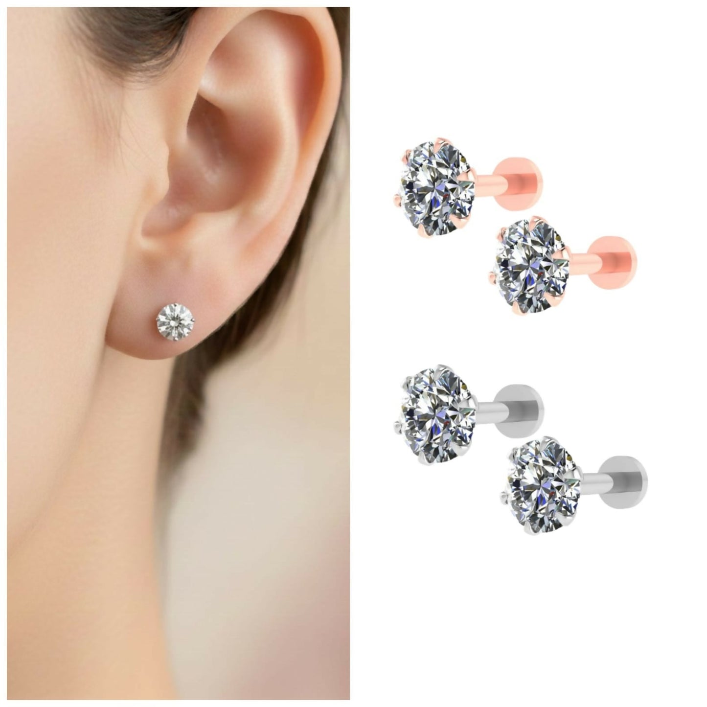 Silver Plated Round AD Solitaire Flat Back Stud Earrings Combo Pack of 2