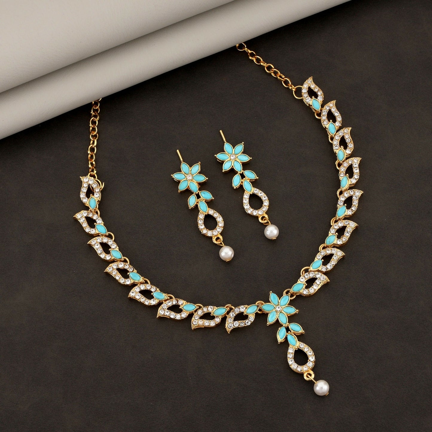 Artificial Gold-Plated Turquoise & Diamond-Look Floral Link Necklace Set
