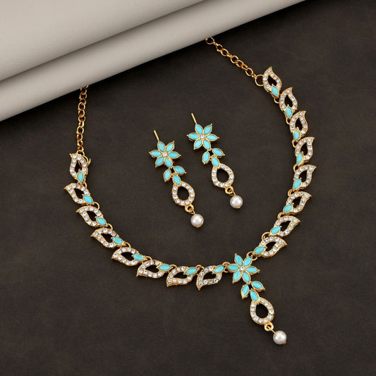 Artificial Gold-Plated Turquoise & Diamond-Look Floral Link Necklace Set