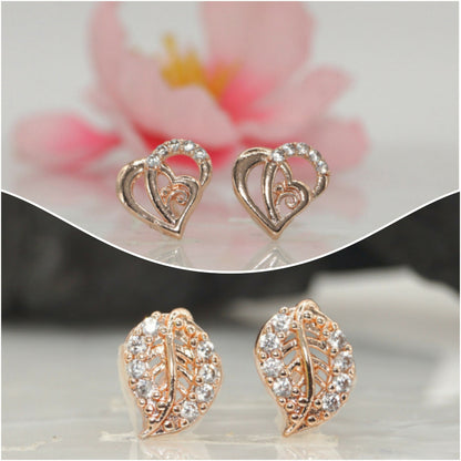 Rose    Artificial Gold Plated AD Heart & Leaf Stud Earrings Set for women and girls Combo Pack of 2