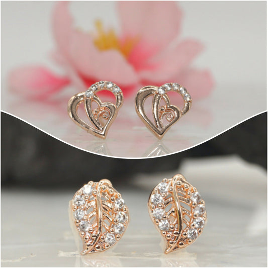 Rose    Artificial Gold Plated AD Heart & Leaf Stud Earrings Set for women and girls Combo Pack of 2