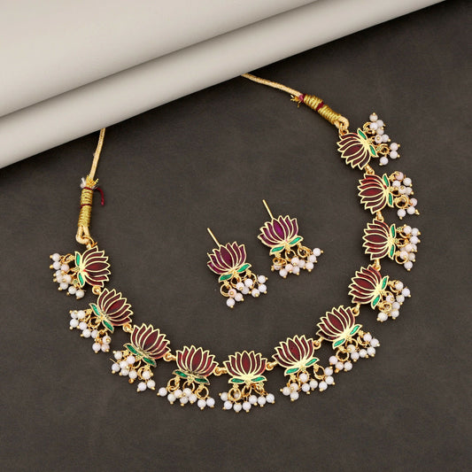 Artificial Gold-Toned maroon-Green Enamel Lotus & Pearl Choker Set
